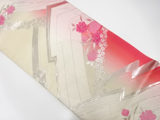 JAPANESE KIMONO / ANTIQUE FUKURO OBI / SILK / WOVEN FLOWER & MATSUKAWABISHI